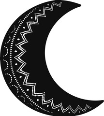 Silhouette of crescent moon with ethnic design isolated vector, Black Islamic crescent moon illustration, Traditional folk pattern on moon vector, Cultural decorative lunar artwork