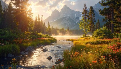 Mountain lake at sunrise, vibrant foliage, misty atmosphere