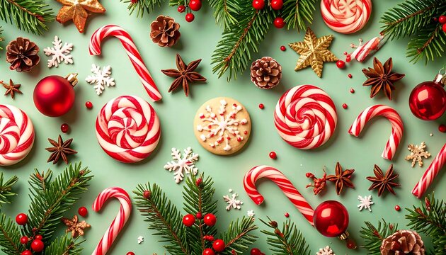Festive Christmas decorations arranged on a mint green background
