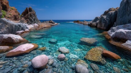 Turquoise Mediterranean Sea Shimmers Under Azure Skies Framed by Rocky Cliffs and Submerged Stones in Serene Coastal Landscape Under Bright Sunlight