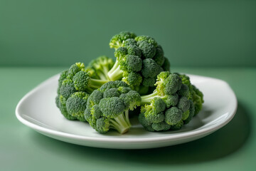 Freshly cut broccoli displayed on a white plate against a solid green background