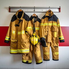 Firefighter gear hanging on a wall