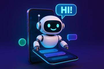 Abstract view of a robot with holographic screen displaying lines of code and programming language for artificial intelligence software