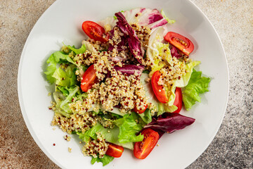 Quinoa salad tomato, green leaf salad vegetables dish natural tasty snack fresh delicious gourmet food background on the table rustic top view copy space keto and paleo diet vegan and vegan food