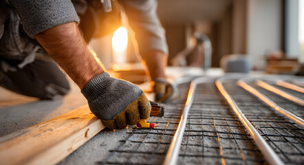 Man installer working on underfloor heating system. Plumber installing pipe for radiant heater. New apartment, home construction concept.