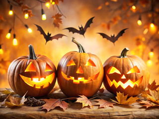 Three glowing halloween pumpkins with bats and lights creating a spooky and festive atmosphere