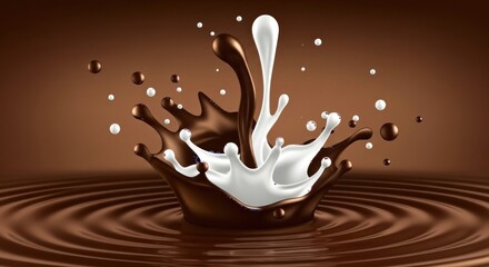 Chocolate and milk collide in a dynamic splash, creating a crown-like shape with ripples in the liquid base.