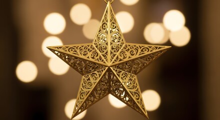 Exquisite golden ornate star ornament gleams, casting a magical glow with soft bokeh background, perfect for festive celebrations and luxury decor.