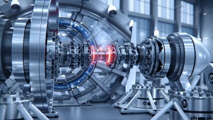 Powerful futuristic fusion reactor core glowing with intense energy, breakthrough scientific machine using advanced technology to generate clean, sustainable power for future