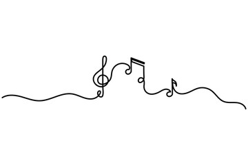 Minimalist one line art illustration of music notes and treble clef on white background, perfect for creative design