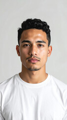 Professional Minimalist Headshot of Young Man in White T Shirt on Light Background