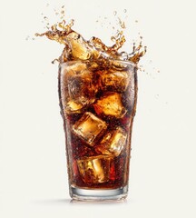 A tall glass of cola with ice cubes, splashing liquid.  The dark brown liquid is carbonated and shows bubbles.  The ice is clear and partially submerged