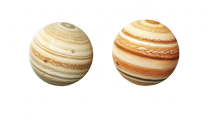 Two beautifully rendered planets intricate atmospheric patterns and colors. floating in a minimalist space. ideal for educational and artistic purposes