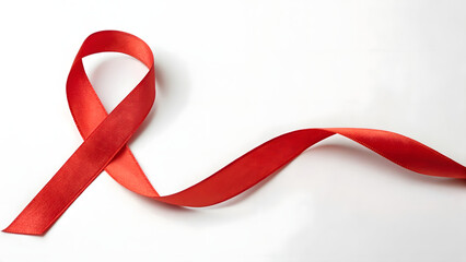 Red ribbon with flowing tail on white background