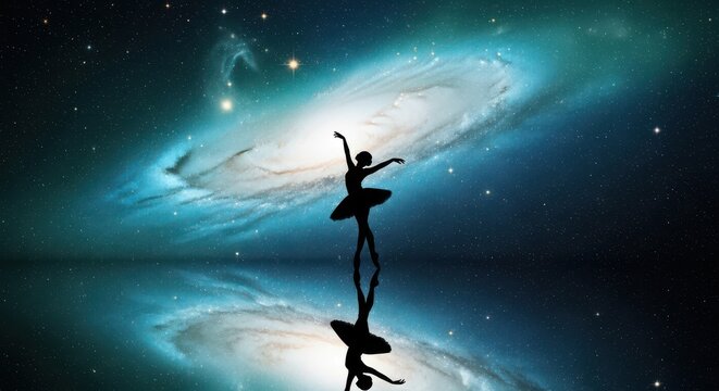 Ballerina dancing in the cosmos with galaxy reflection - Powered by Adobe