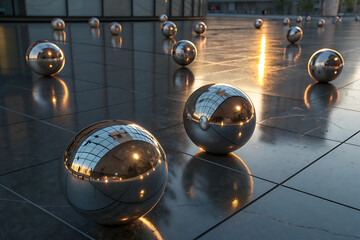 Modern Minimalist Steel Orbs and Geometric Metallic Shapes