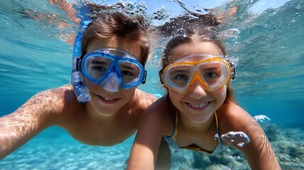 Naklejka premium Kids Having Fun While Snorkeling Underwater in Clear Tropical Ocean Water