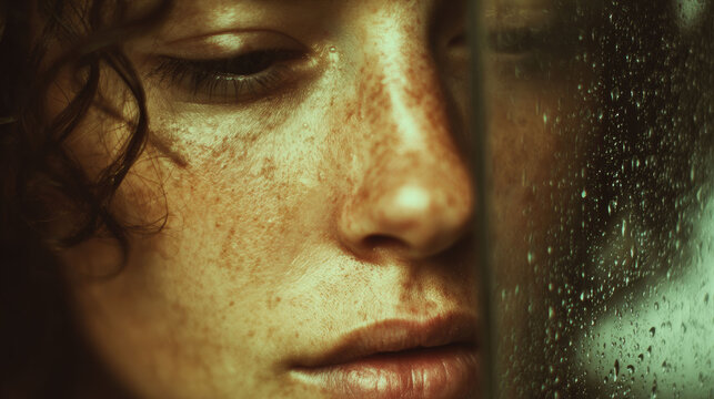 An artistic, emotional close-up of a woman's face, with water droplets on a windowpane.