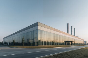 Obraz premium Modern factory glimmers with glass reflections and steam under blue sky