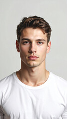 Professional Minimalist Headshot of Young Man in White T Shirt on Light Background