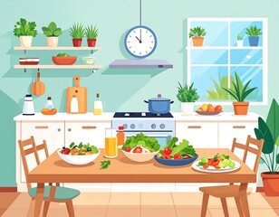 A Vibrant Kitchen Scene with Healthy Meals