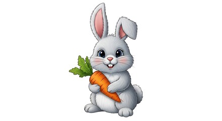 Obraz premium A cartoon bunny holding a carrot with green leaves against a plain white background illustration art