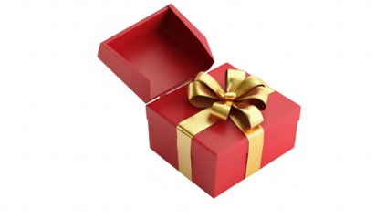 A beautifully wrapped red gift box with a shiny gold ribbon and bow. partially open. the interior. set against a clean. white background. ideal for holiday or celebration themes