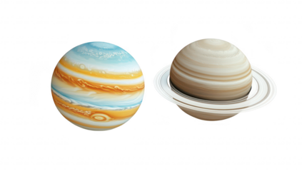 Two beautifully rendered planets. one resembling Jupiter with orange and blue bands and the other resembling Saturn with its iconic rings. set against a clean white background. ideal for educational o