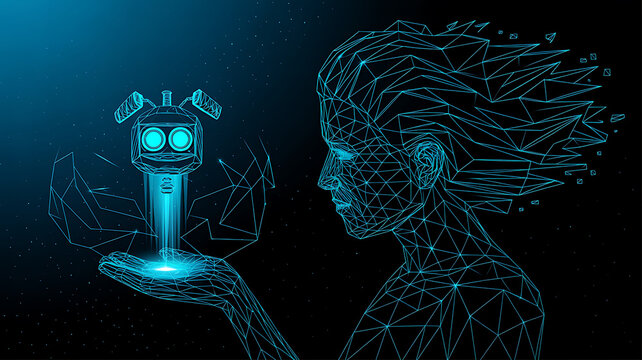 Wireframe human head and hand holding glowing robot with blue digital particles technology artificial intelligence