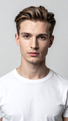Professional Minimalist Headshot of Young Man in White T Shirt on Light Background