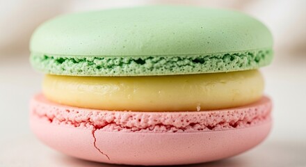 A closeup of a pastel pink and green macaron with yellow filling