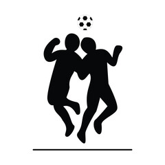 Two soccer players silhouetted jumping to head the ball isolated on white background