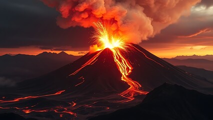 Long-dormant volcano eruption with time symbolism showing centuries of silence broken in geological awakening