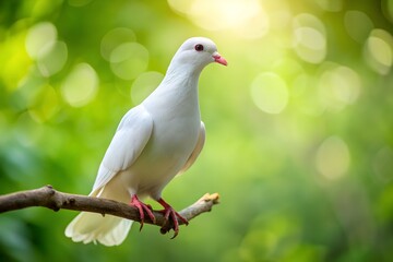 Fototapeta premium White dove perched on branch and resting in grass among natural wood and feathers symbolizing peace and freedom