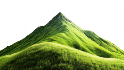 A stunning green mountain peak rises majestically against a clear sky. surrounded by rolling hills of lush grass. creating a serene landscape ideal for nature photography and outdoor exploration