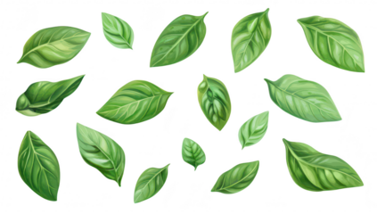 A collection of various green leaves different shapes and sizes. set against a clean white background. ideal for botanical illustrations or nature-themed designs