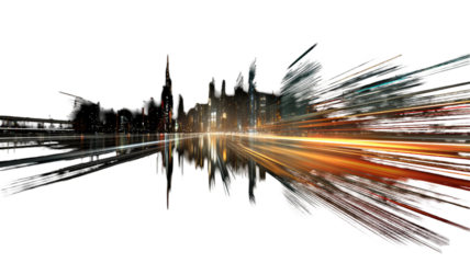 Car Light Speed Motion Art with Colorful Night Cityscape, Urban Traffic Abstract Long Exposure Effect on White Background
