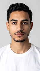 Professional Minimalist Headshot of Young Man in White T Shirt on Light Background