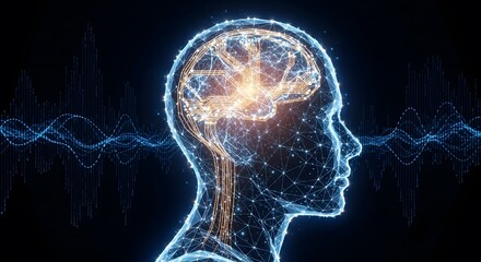 Digital representation of a human head with glowing neural network and sound waves, symbolizing artificial intelligence and brain activity