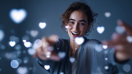 Woman joyfully reaching out with sparkling heart shapes in a dreamy setting