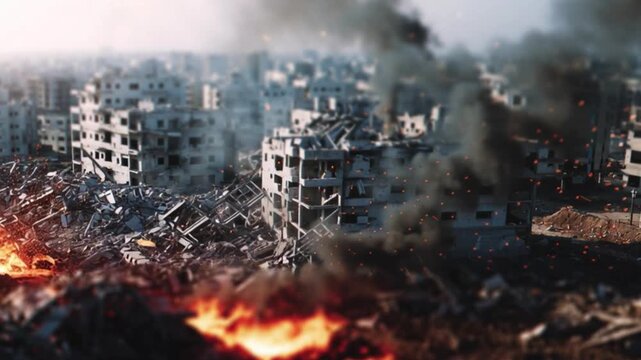 City destroyed by war, buildings in ruins with smoke and fire rising from rubble. Devastation, destruction, conflict aftermath, urban disaster scene captured in dramatic 4k footage