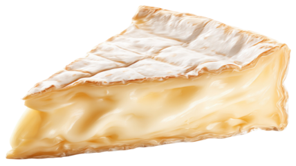 Delicious Brie Cheese Slice with Creamy Soft Texture, Gourmet Dairy Product for Culinary, Snack, and Cooking Concept on White Background