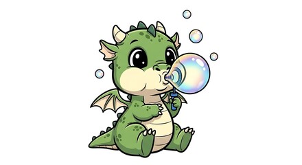 Obraz premium A cute green cartoon dragon sitting and blowing iridescent bubbles on a white background illustration