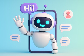 a friendly 3d cartoon chatbot illustration featuring a white and purple robot character waving hi and emerging from a smartphone screen with various chat bubbles and a profile icon