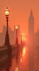 Fototapeta premium A misty, orange-hued London cityscape, illuminated by streetlights, reflecting on a wet bridge.