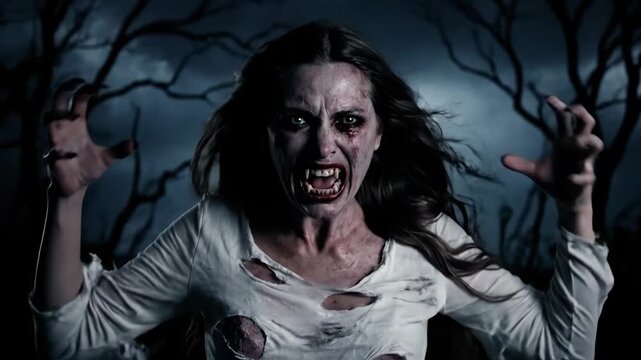 Banshee Transformation in Stormy Night - A woman undergoes a terrifying transformation into a banshee, her face contorted in a scream amidst a dark, stormy night.