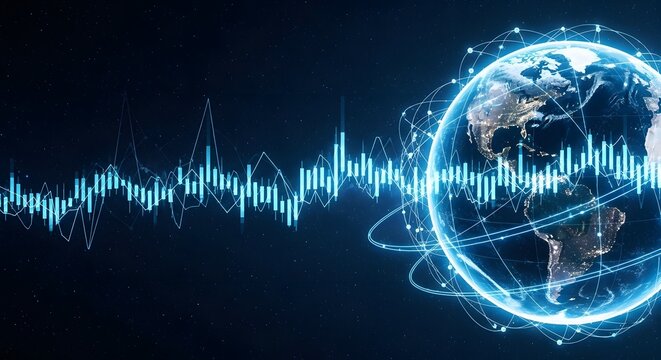 Economy, finance and investment background. Financial graph growth of inflation and Digital representation of the earth with a glowing network of connections and a pulsating sound wave or data stream
