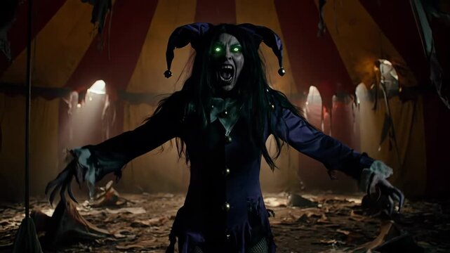Banshee Transformation in Abandoned Carnival Tent - A terrifying banshee, wearing a jester costume, emerges from the shadows of a dilapidated carnival big top.