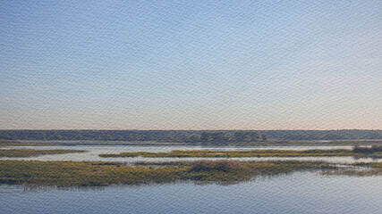 Painting of a lake with a sky in the background