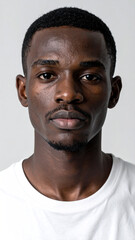 Professional Minimalist Headshot of Young Man in White T Shirt on Light Background
